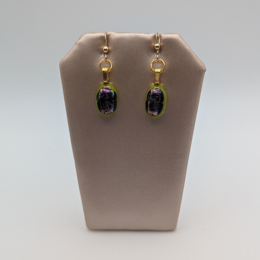 Artisan Handmade Fused glass turtleback earrings with gold hooks.